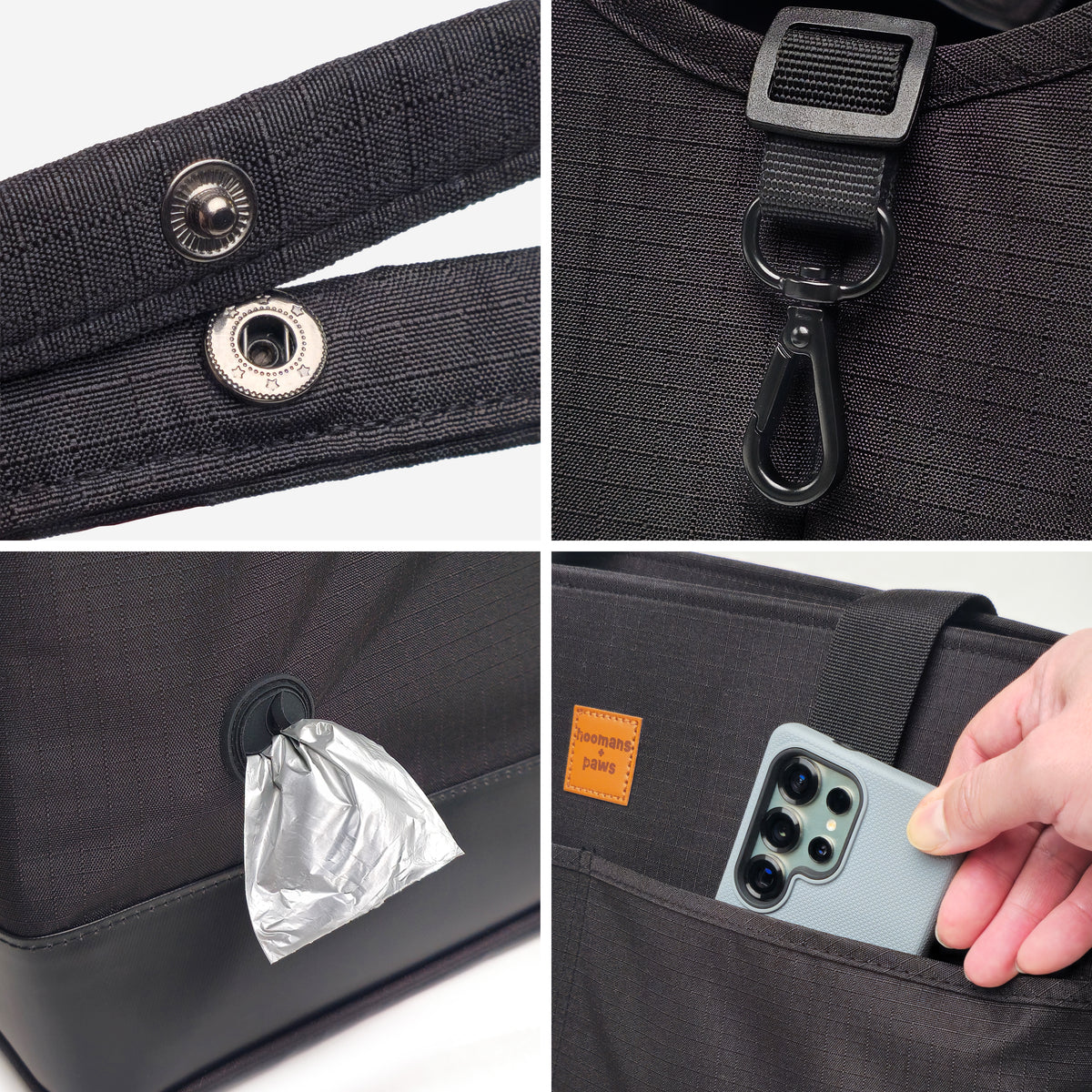 Pet tote bag features buckle-together handles, built-in safety leash, poop-bag-pocket, and large storage pocket