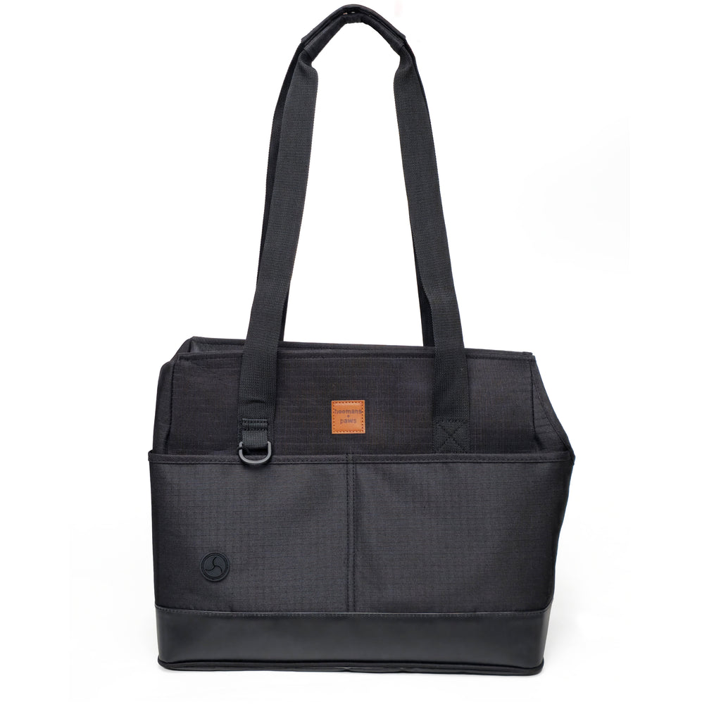 Black pet tote carrier with front storage and poop-bag pocket