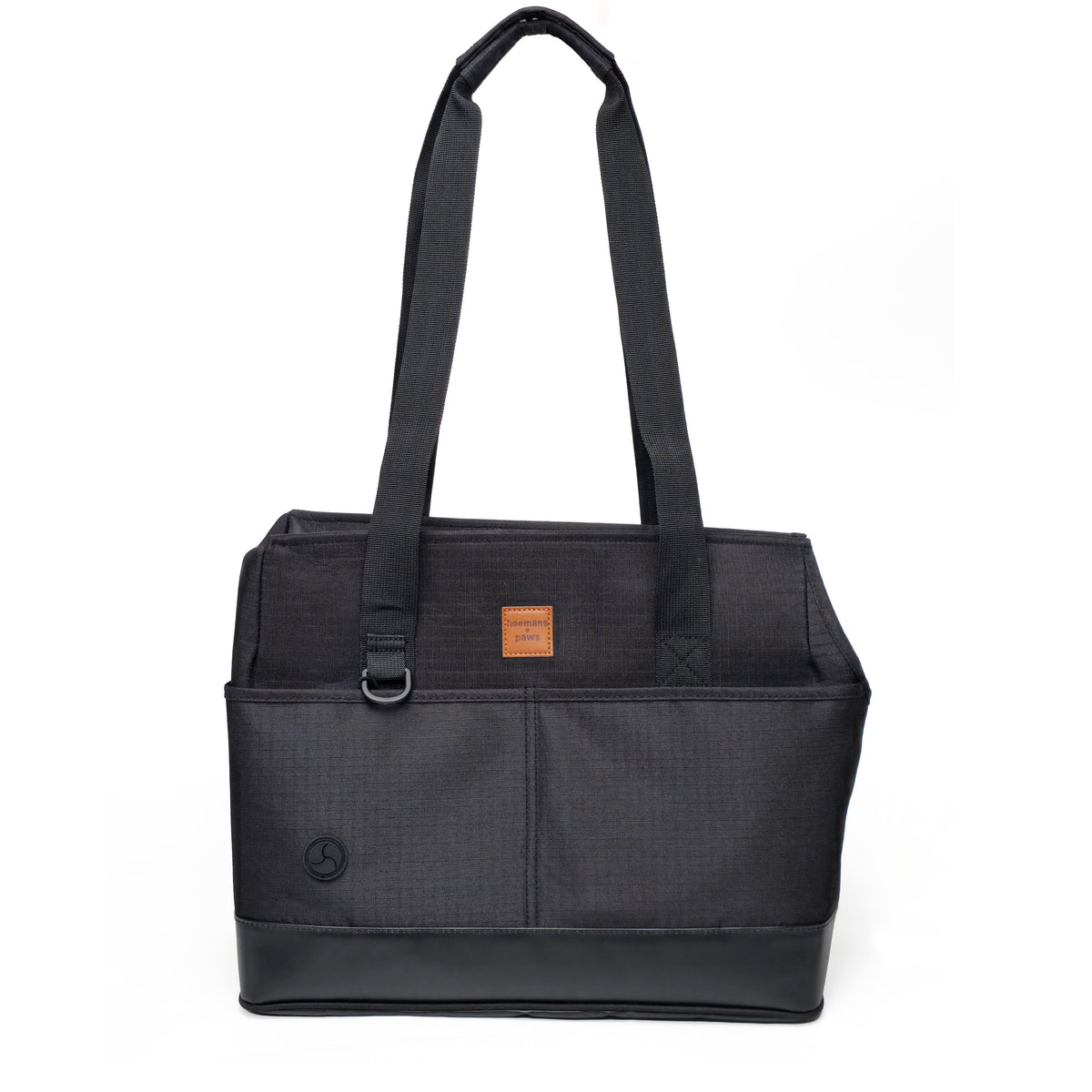 Black pet tote carrier with front storage and poop-bag pocket