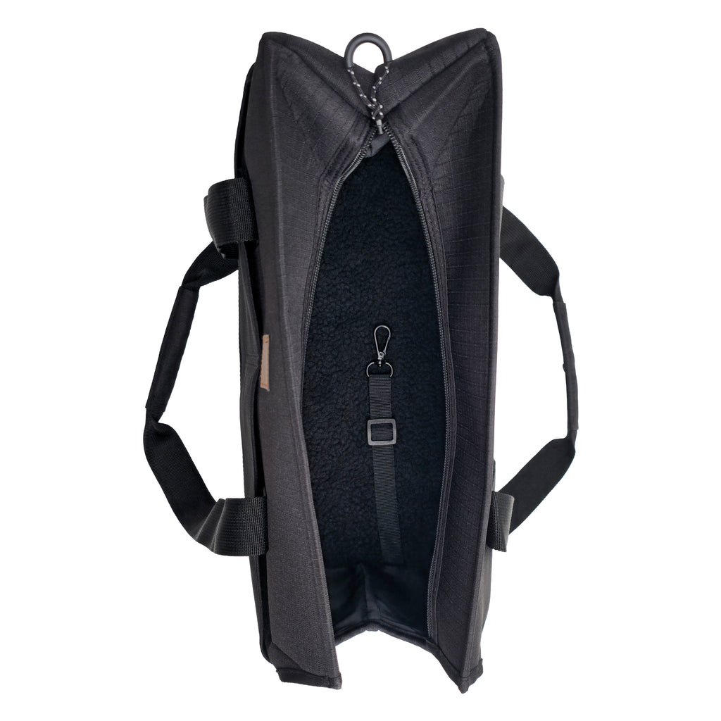 Black pet tote with built-in interior safety leash