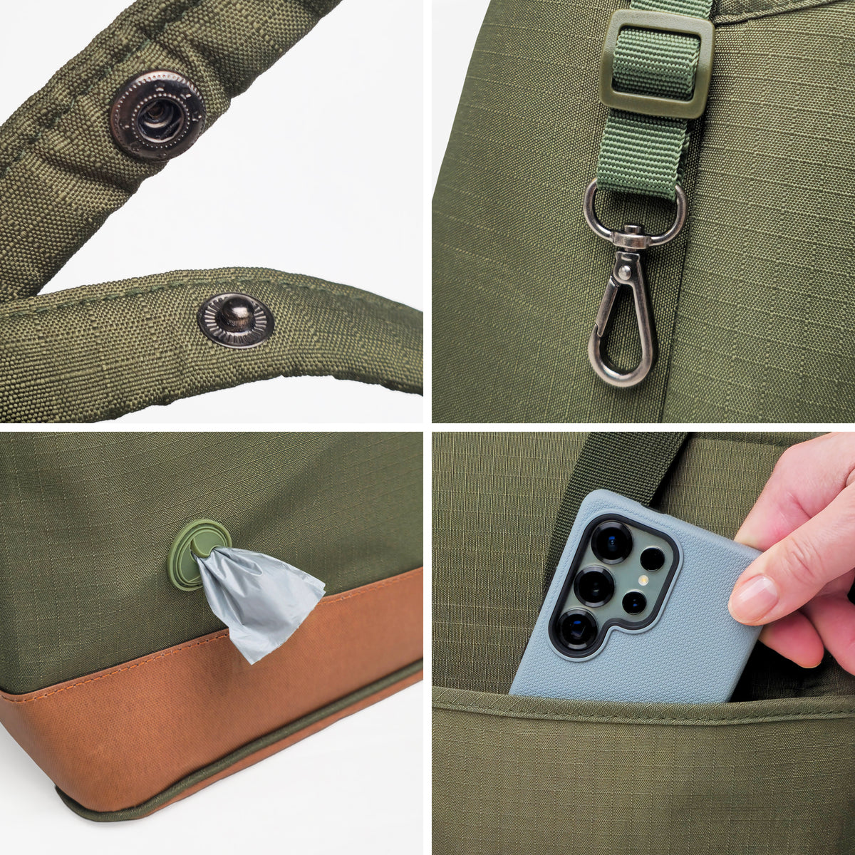 Pet tote bag features buckle-together handles, built-in safety leash, poop-bag-pocket, and large storage pocket
