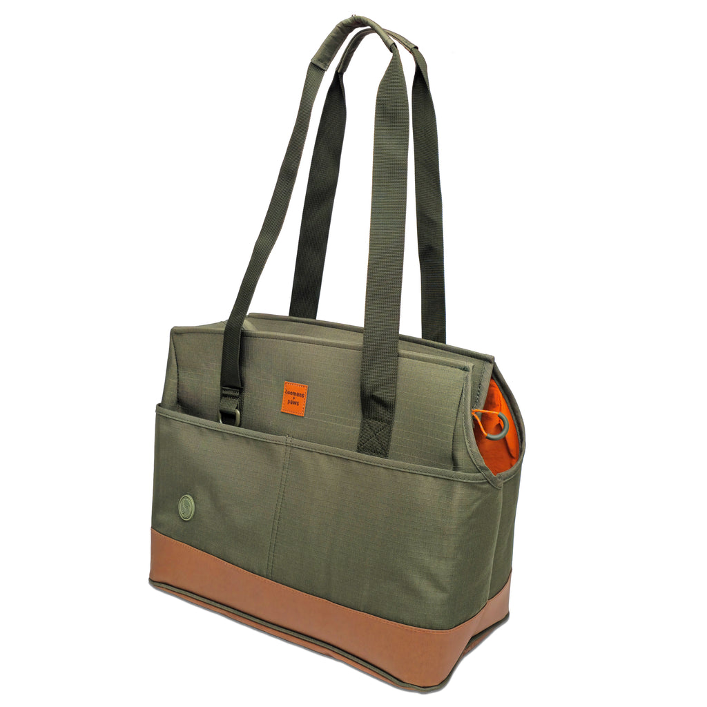 Moss green pet tote carrier for small dogs and cats