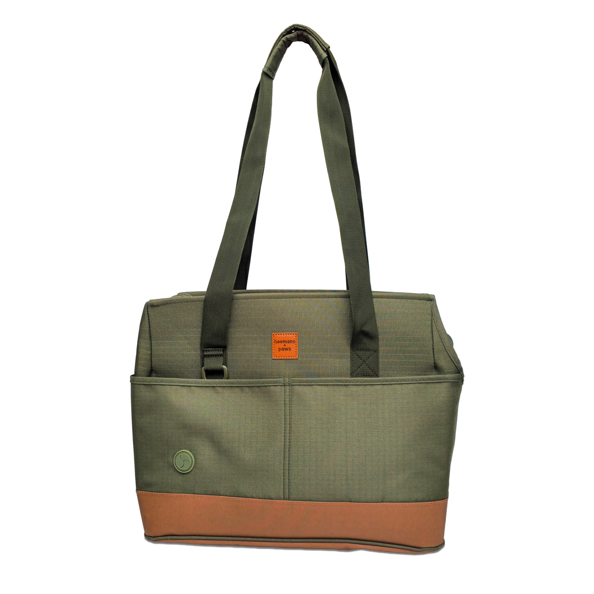 Moss green pet tote carrier with front storage and poop-bag pocket