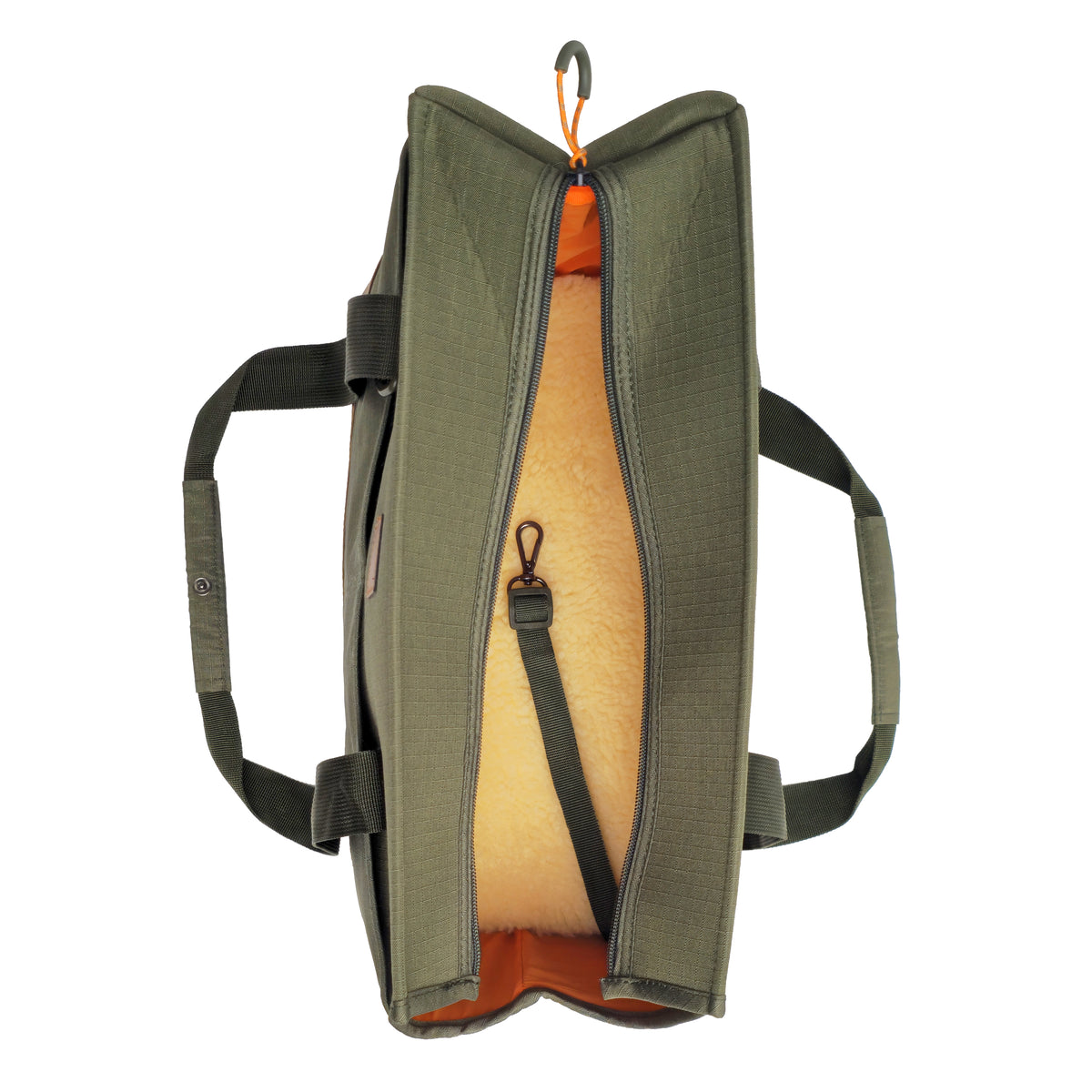 Moss green pet tote with built-in interior safety leash